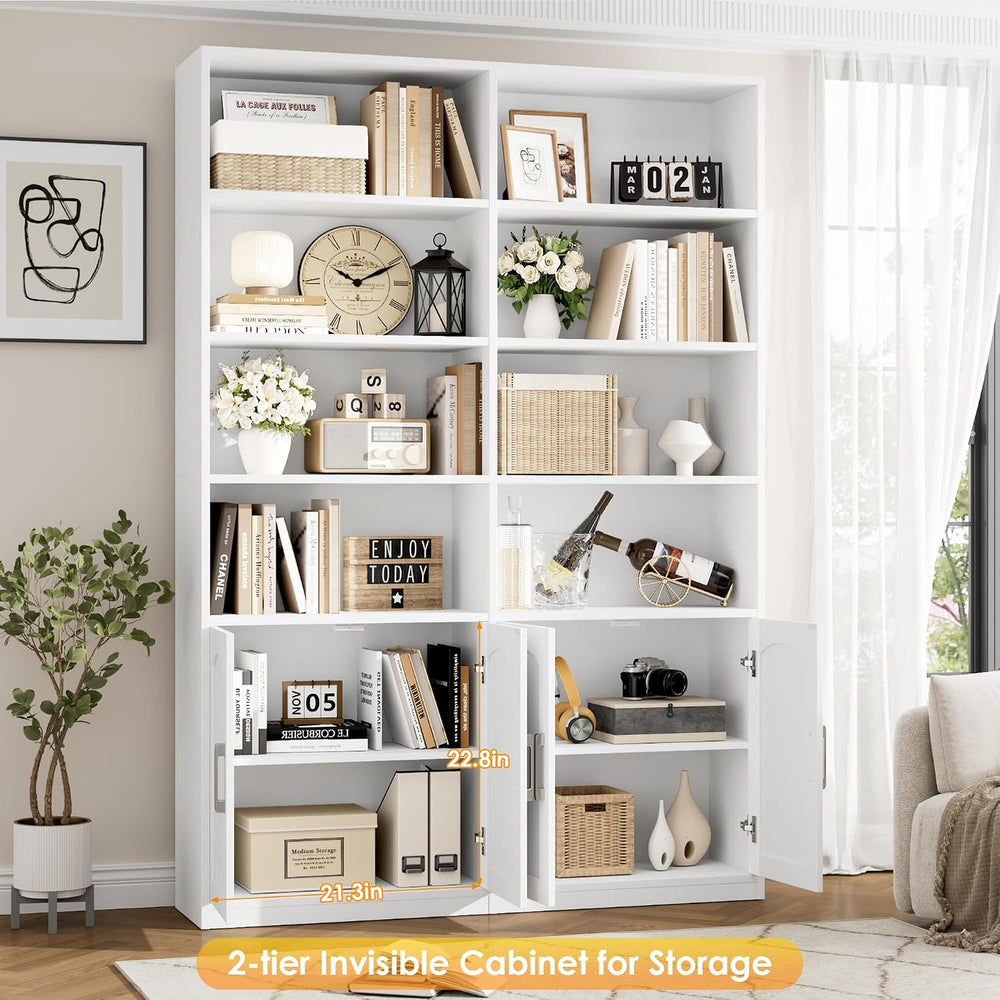 FACBOTALL Bookshelf and Bookcase with Doors, Double Wide Large Bookshelves