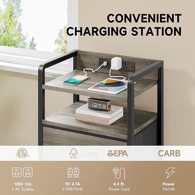Night Stand with Charger Station - Grey Nightstand with LED Light Strip, Mord...