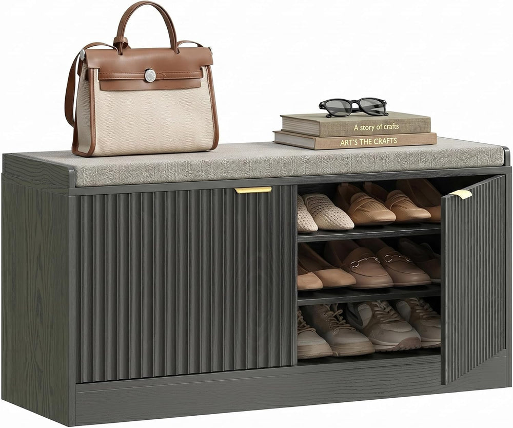 Fluted Shoe Storage Bench with Cushion, 2-Tier Entryway Shoe Bench with Adjus...