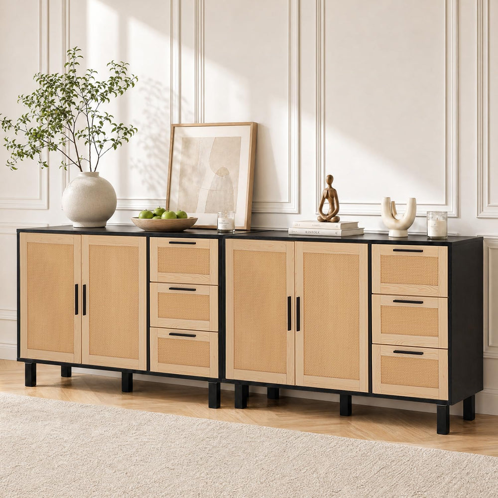 GREEN PARTY 47" Black Rattan Sideboard Buffet Cabinet, Coffee Bar Cabine...