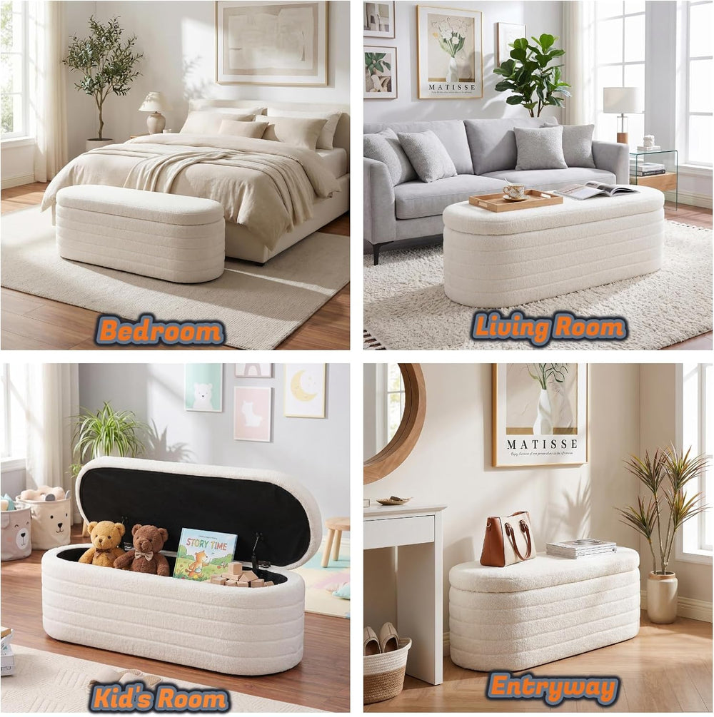 Teddy Sherpa Storage Ottoman Bench End of Bed, White | Modern Boucle, Oval De...