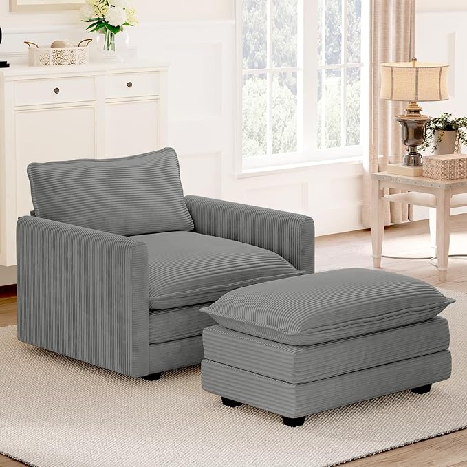 ROWHY Single Armchair with Ottoman, Modern Corduroy Cloud Couch with Converti...