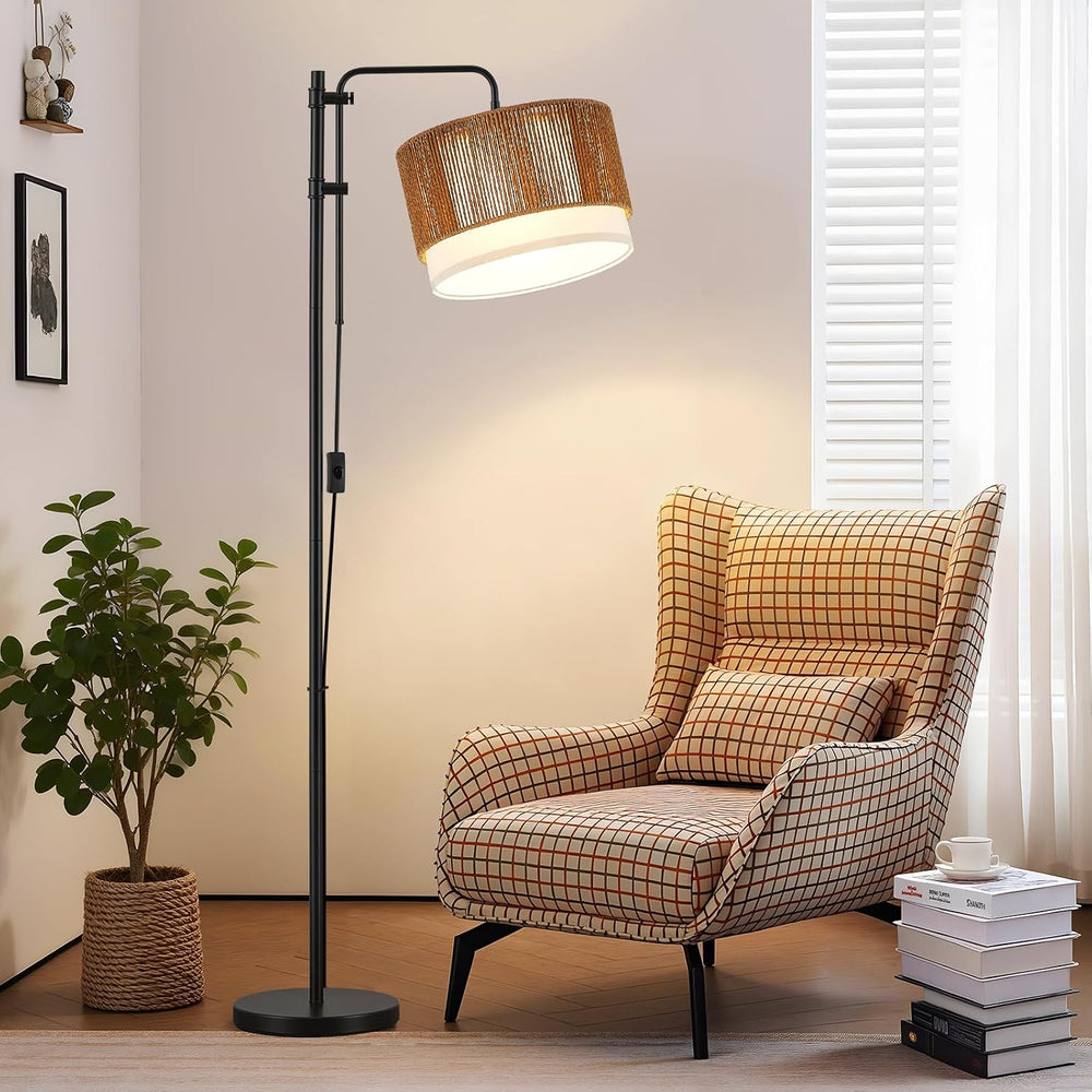 GyroVu Rattan Floor Lamp for Living Room, Adjustable Height Standing Lamp