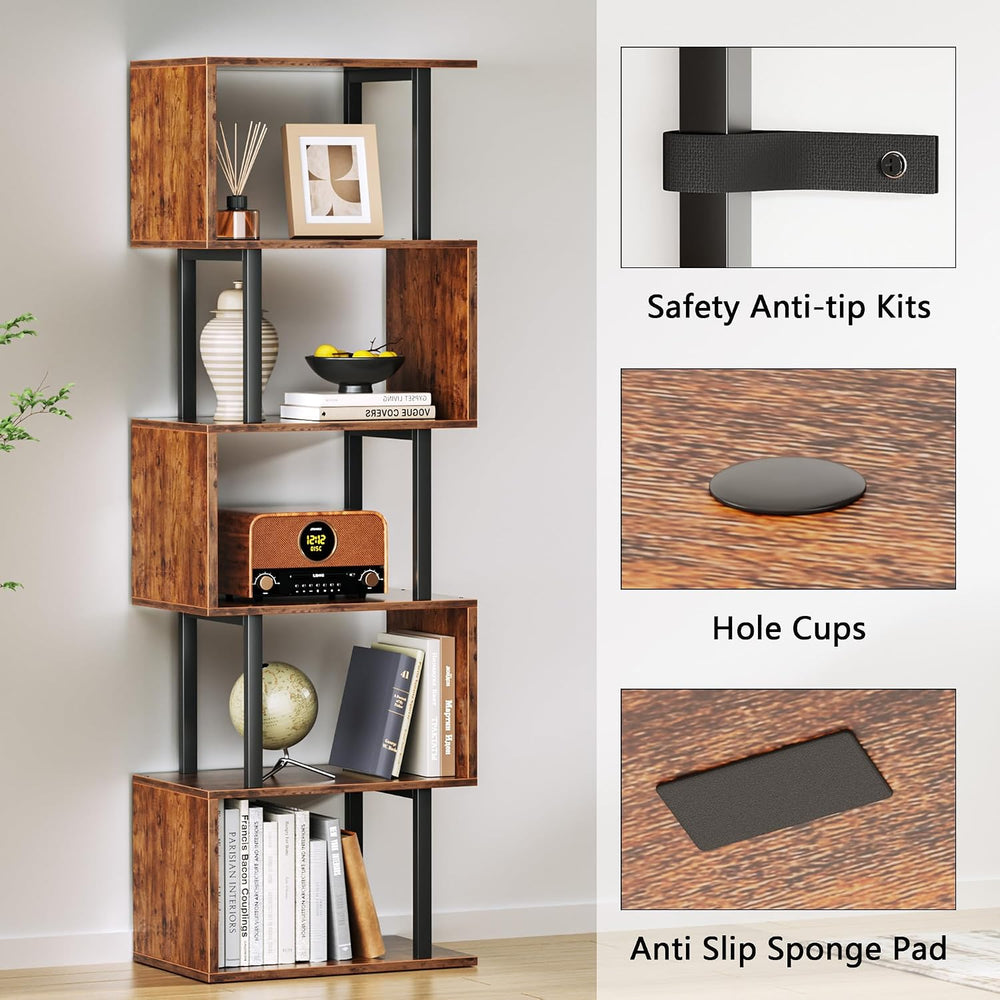 Furologee 6 Tier Bookshelf, S Shaped Geometric Bookcase, Rustic Brown