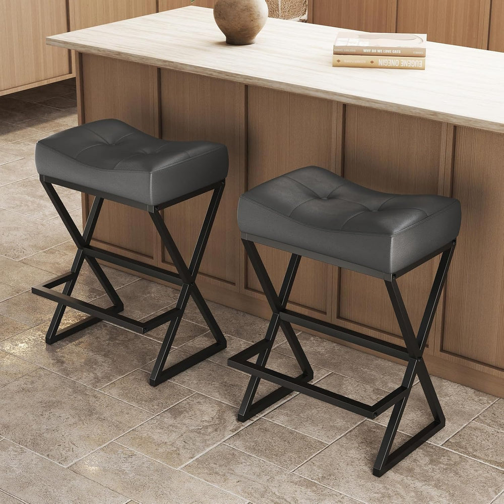 Counter Height Bar Stools Set of 2, Backless 26" Saddle Barstools, Grey ...