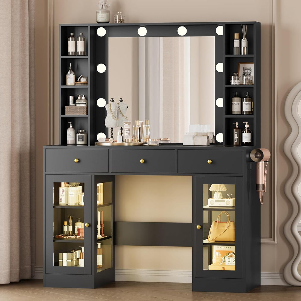 Wodeer Makeup Vanity Desk with Mirror and Lights, Black Vanity with Glass Top...