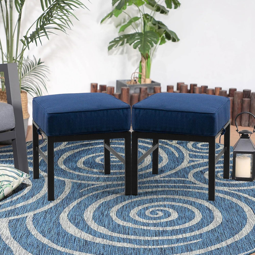 2 Pieces Outdoor Patio Ottomans, Assembled Metal Outdoor Ottoman with Blue Cu...