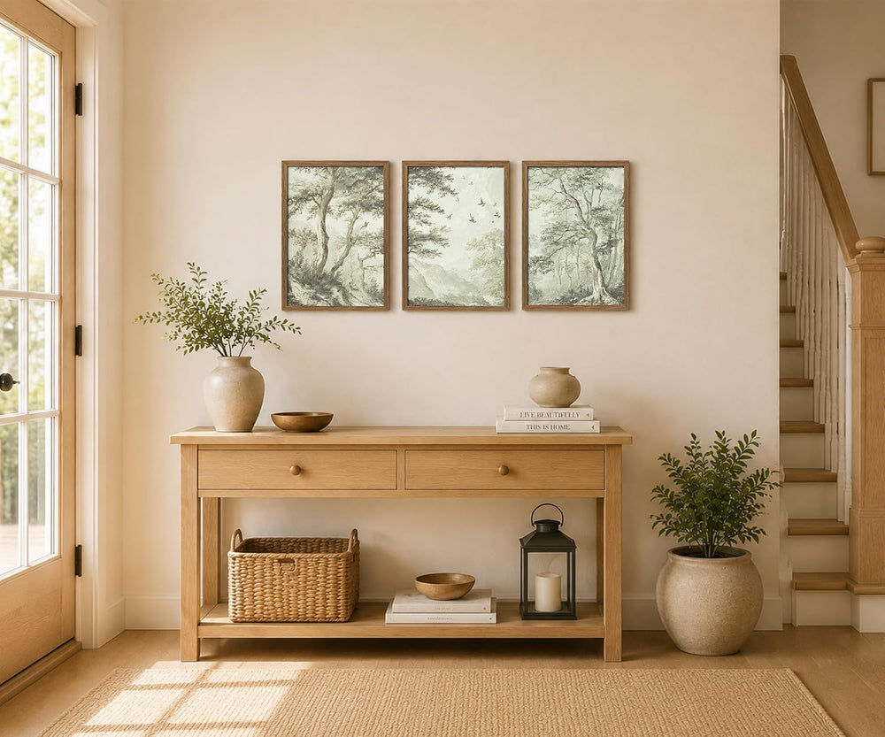 Botanical Forest Wall Art Set of 3 Framed, Vintage Neutral Canvas Prints