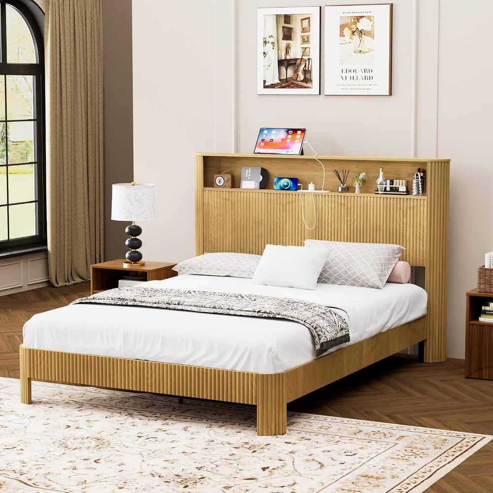 Peanu Queen Bed Frame, Storage Headboard, Charging Station, Silent, Natural