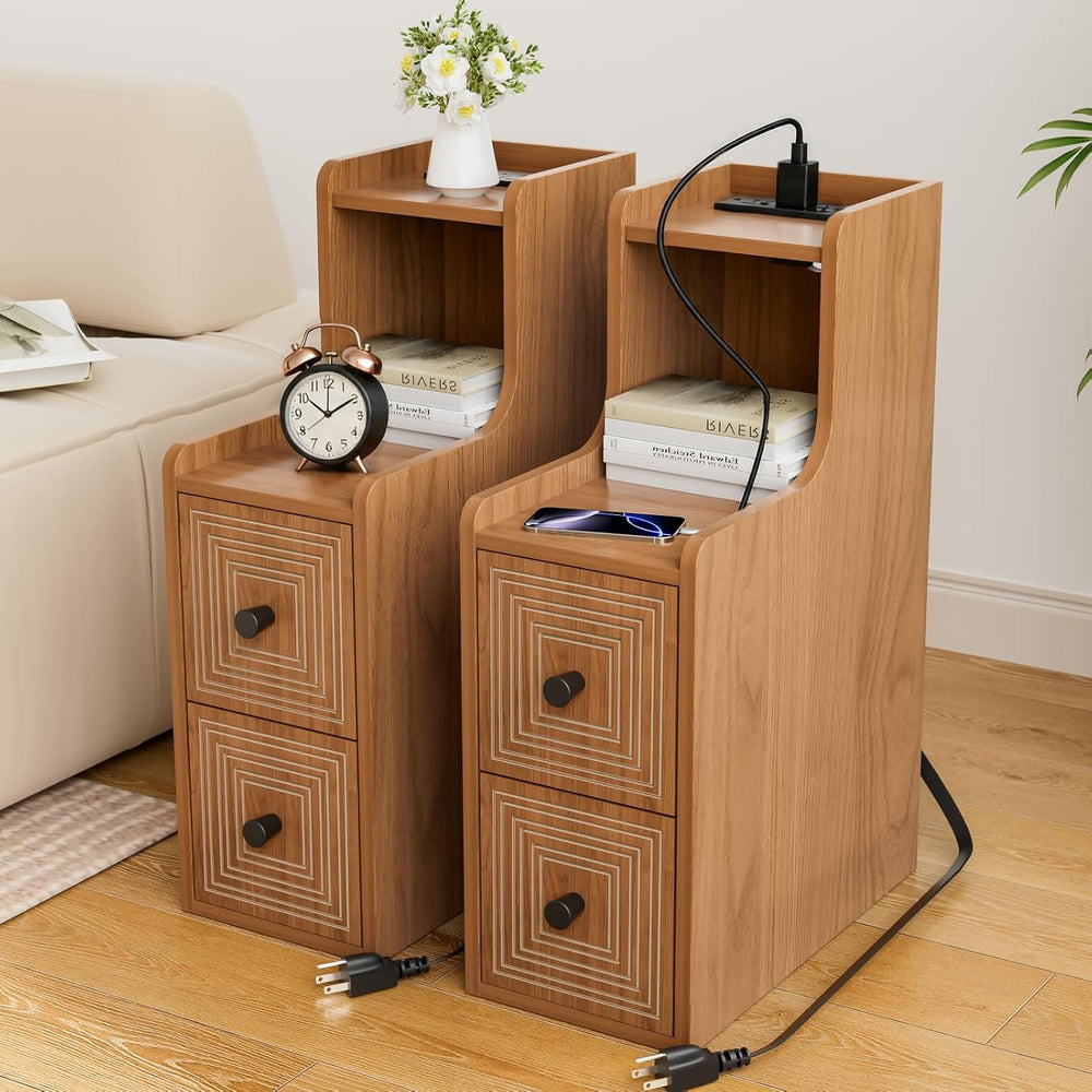 Set of 2 Narrow End Table with Charging Station, Wooden Slim Side Table with ...