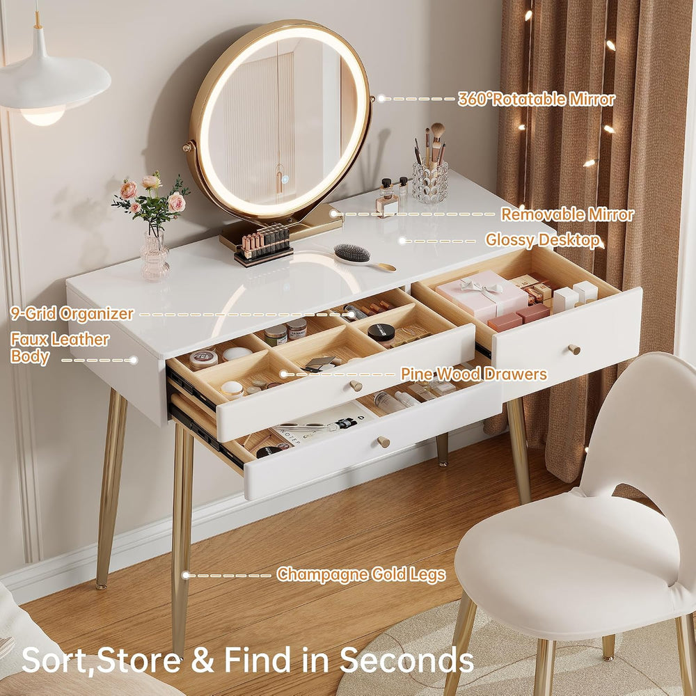 KDCAS 39" White and Gold Vanity with Lights and Chair