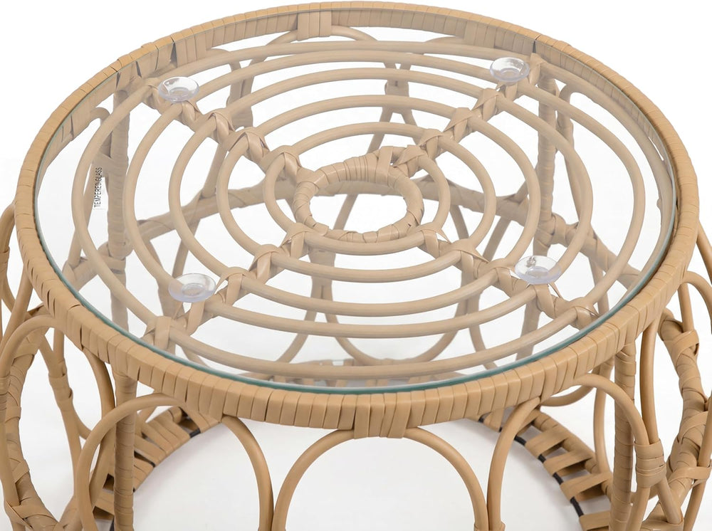 Furniture of America Ysar Boho Rattan Round Coffee Table Outdoor with 5mm Tem...