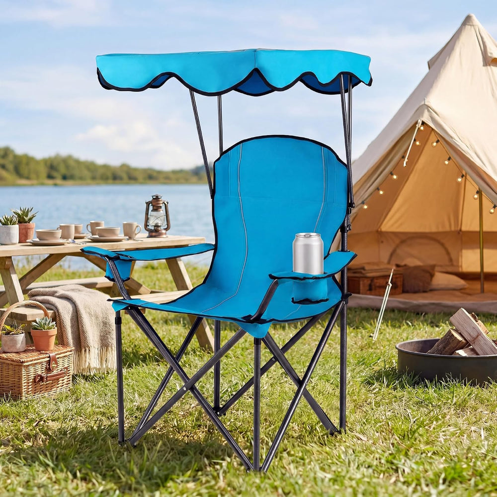 GYMAX Camping Chair, Folding Outdoor Lawn Chair with Canopy, Carry Bag & ...
