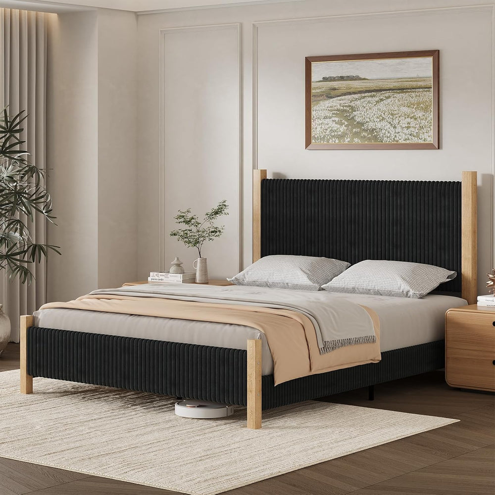IMMERSTABLE Full Bed Frame with Headboard, Upholstered Platform Bed, Black