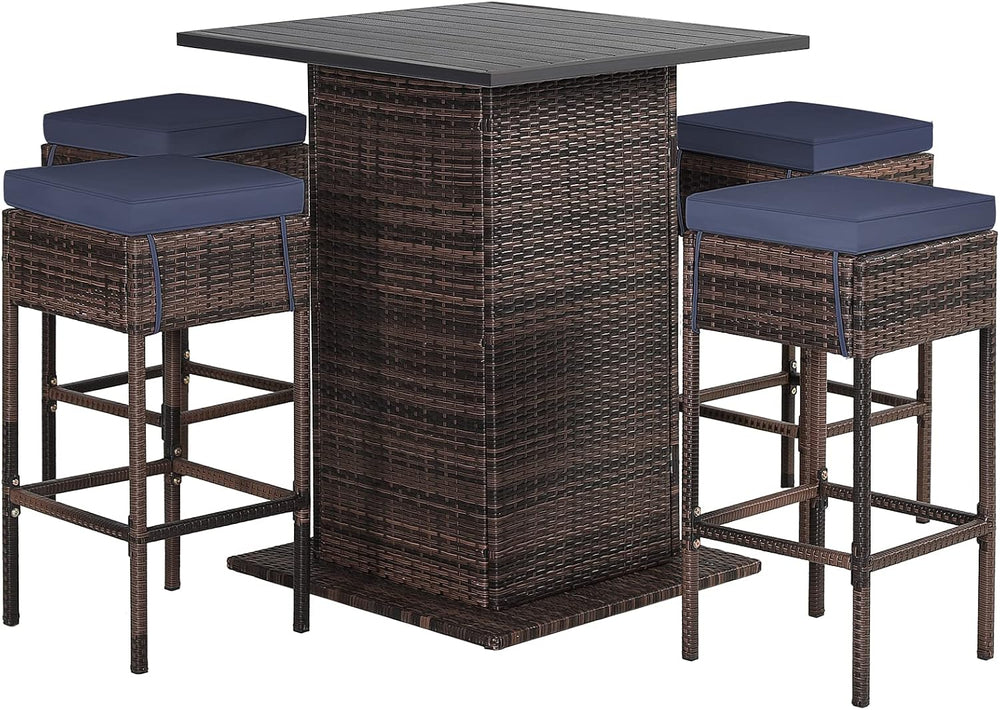 RELAX4LIFE 5-Pcs Outdoor Bar Set, Wicker Bar Height Outdoor Table & Chairs