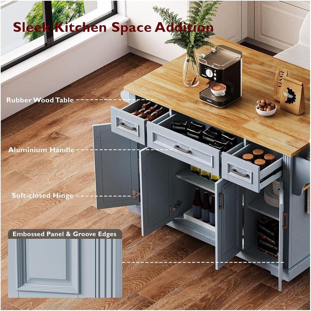 54-Inch Rolling Kitchen Island with Drop Leaf | Grey Blue