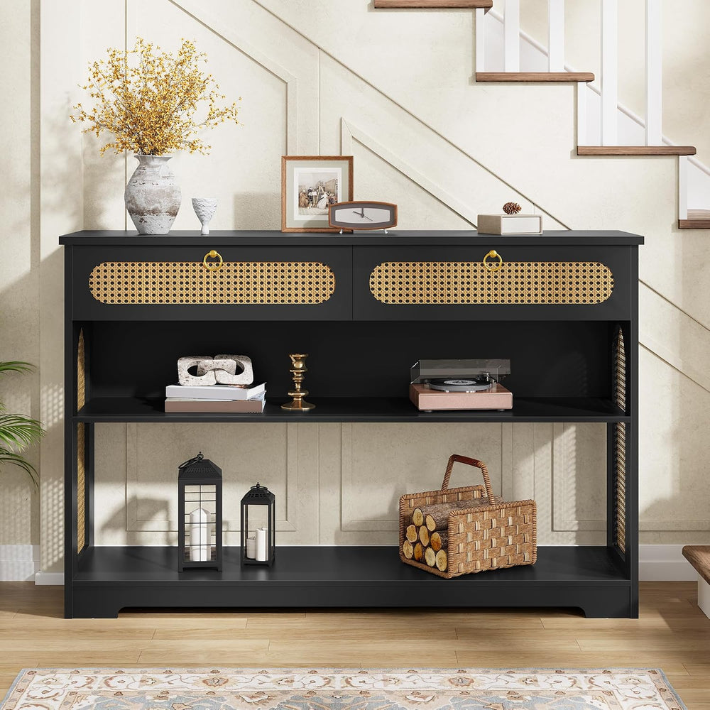 Hoctieon Rattan Console Table with 2 Drawers, 3-Tier Boho Woven Entryway Tabl...