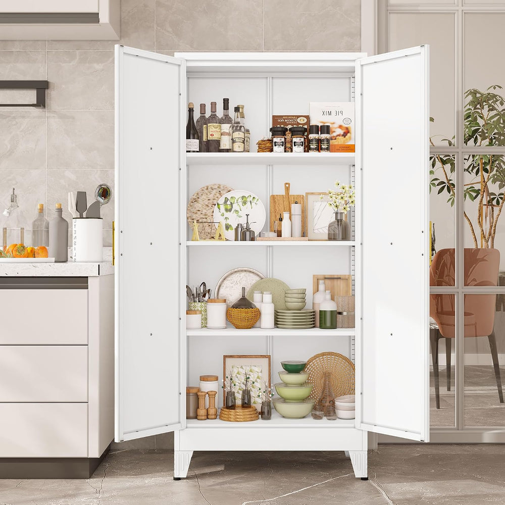 61" Kitchen Pantry Cabinet, Metal Storage Cabinet with 2 Doors and 3 Adj...