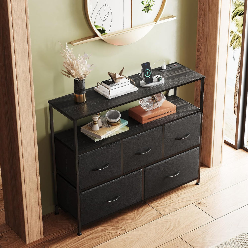 WLIVE 5 Drawer Fabric Dresser Charging Station Bedroom Chest, Black