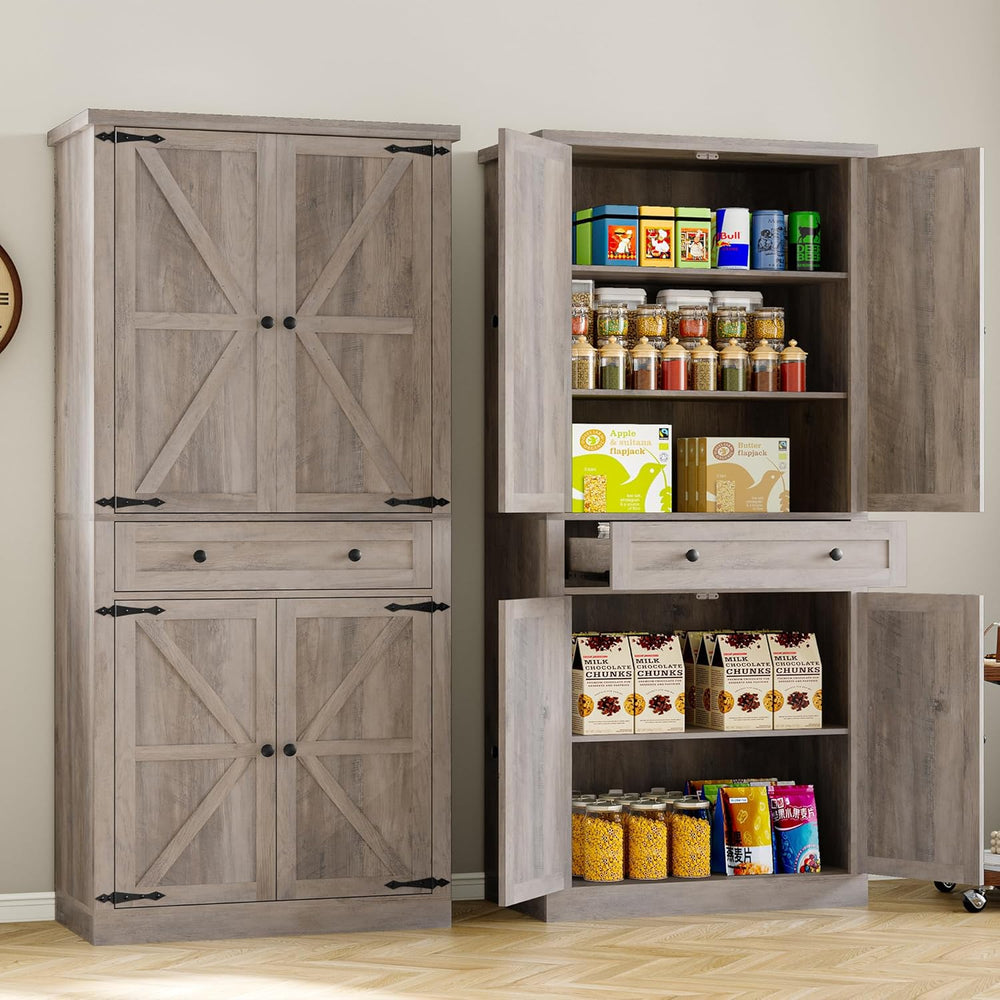 BORNOON Pantry Organizers and Storage Cabinet, 67.7” Barn Door White Kitchen ...