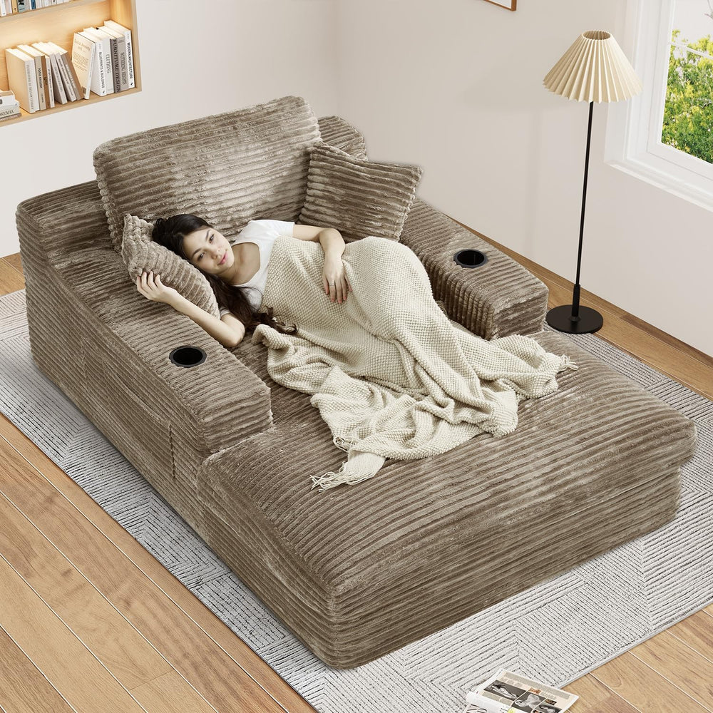 75.9"D Oversized Chaise Lounge Chair Indoor with Cup Holders,Dark Camel ...