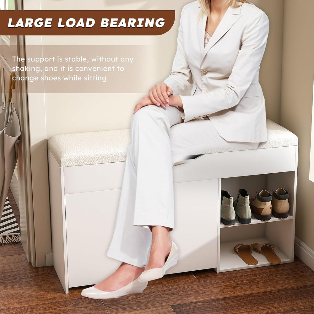 White Shoe Storage Bench, 3-Tier FlipUp Entryway Bench, 39.7 x 11.8X 20.47 Wo...