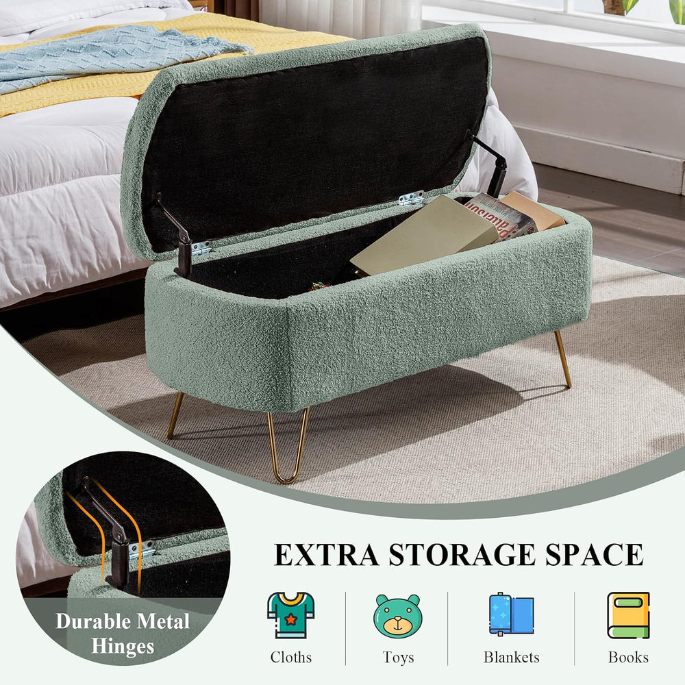 Modern Storage Ottoman Bench, Teddy Upholstered Entryway Bench with Gold Legs...