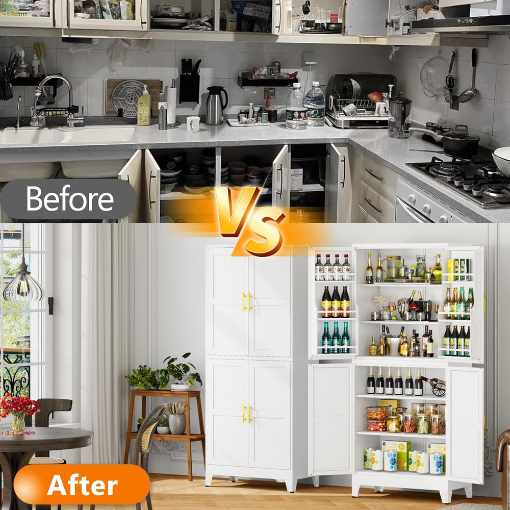 GAIOUS 74.8" Tall Metal Food Cabinet, White Kitchen Pantry Cabinet Cupbo...