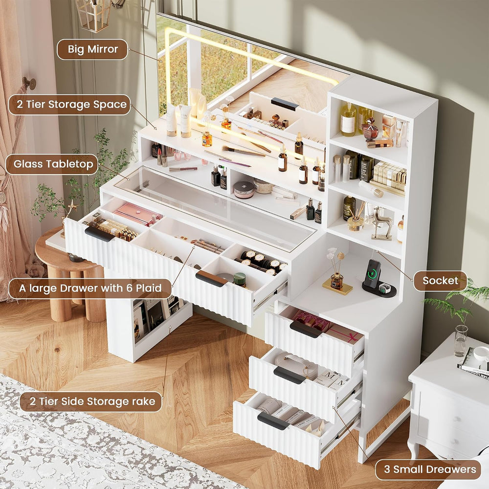 HAIOOU Fluted Makeup Vanity Desk with Mirror and Lights & Charging Statio...