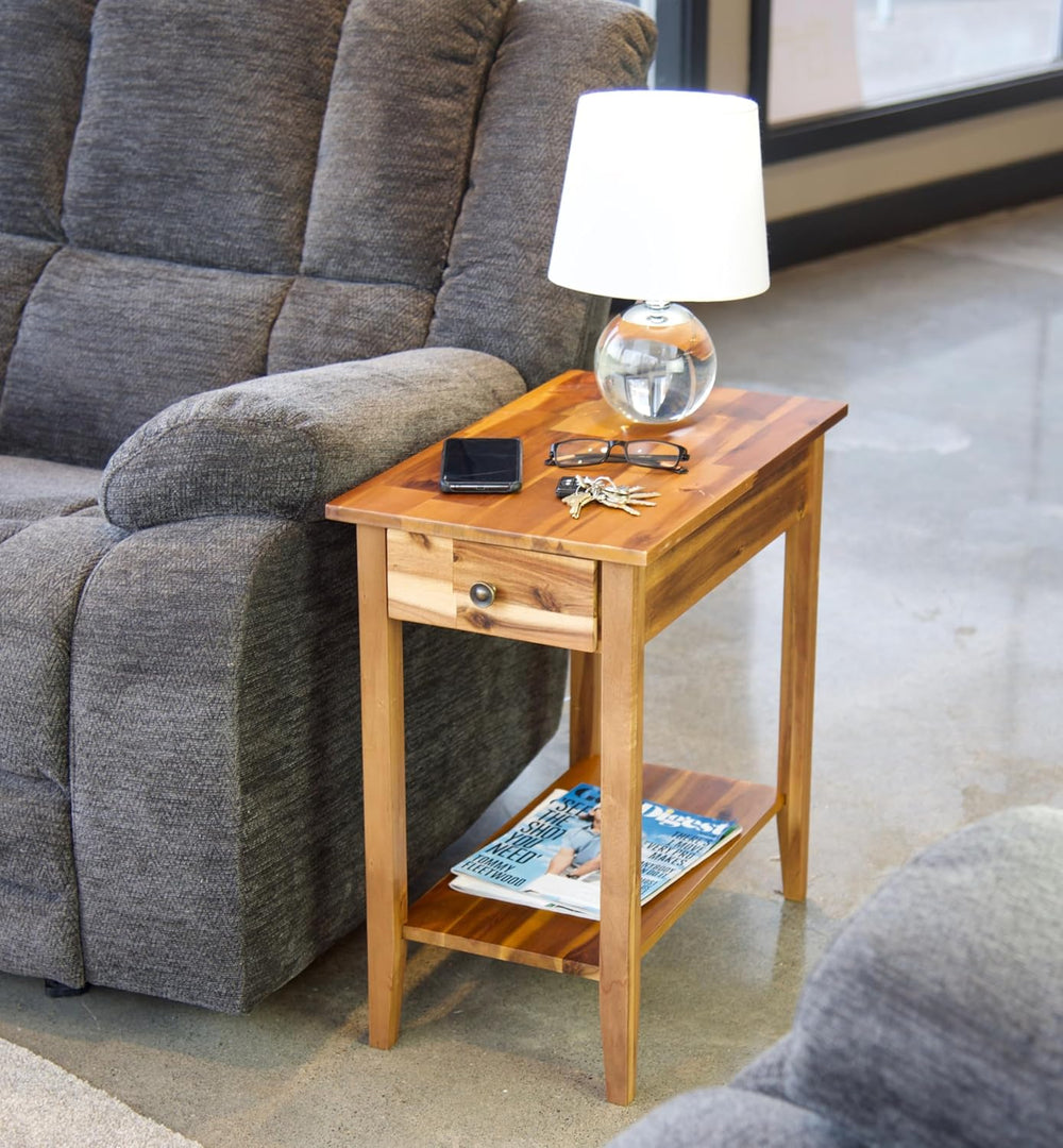 2-Tier Solid Acacia Recliner Table w/Drawer (Natural)