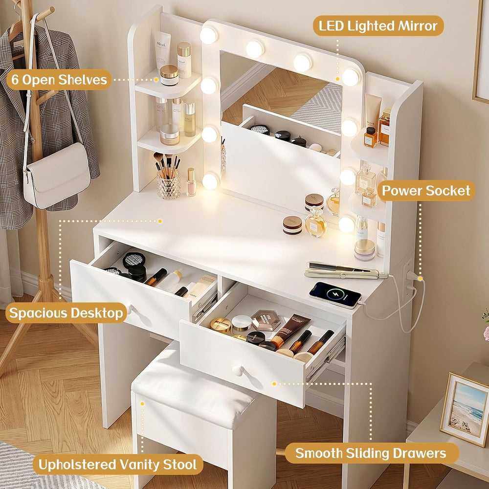 FUXA Makeup Vanity Desk with LED Mirror and Chair Set, White | 3 Lighting Mod...