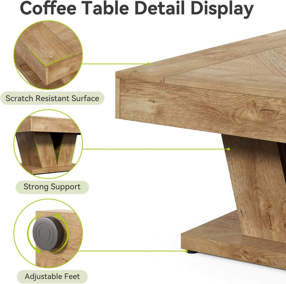 LITTLE TREE Square Coffee Table, Modern Rustic Coffee Table for Living Room, ...