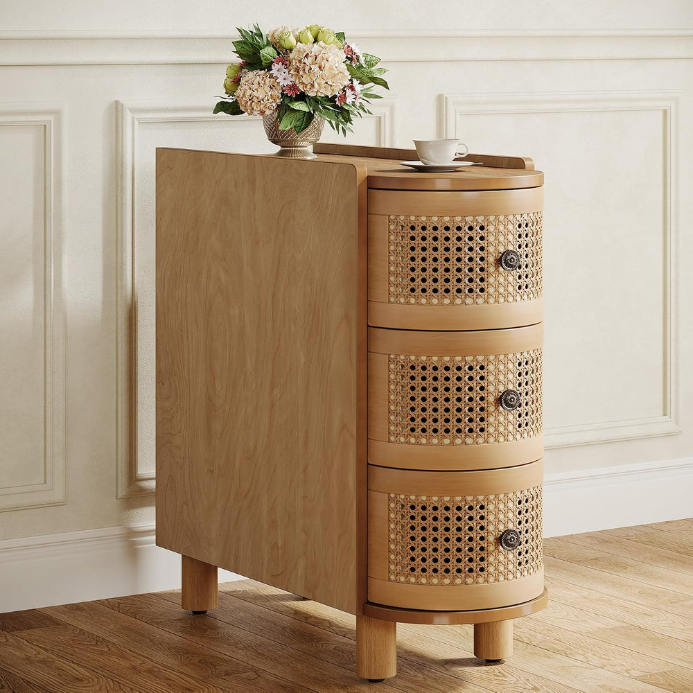 Tribesigns Solid Wood End Table, 3-Drawer Rattan Side Table, Night Stand with...