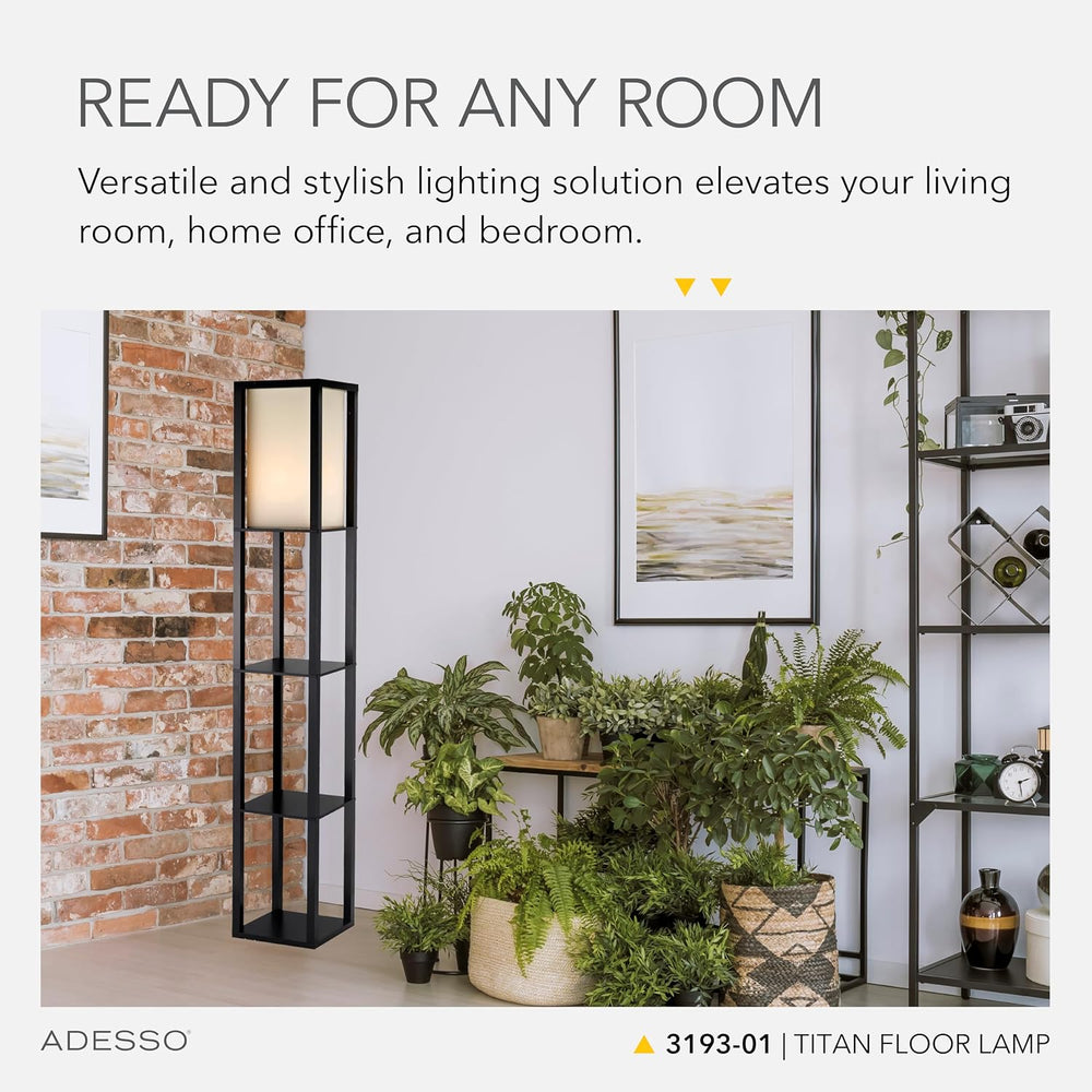 Adesso Shelf Floor Lamp, Black, 3-Tier Storage, Fabric Shade, 72”