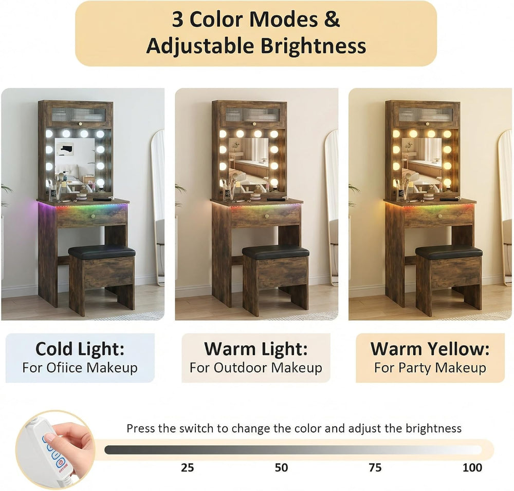 ARTETHYS Small Vanity with Mirror & RGB Light Rustic Makeup Set for Bedro...