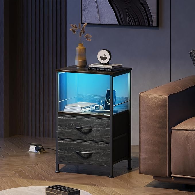 WLIVE Night Stand with Charger Station, LED Nightstand for Bedroom, Small Dre...