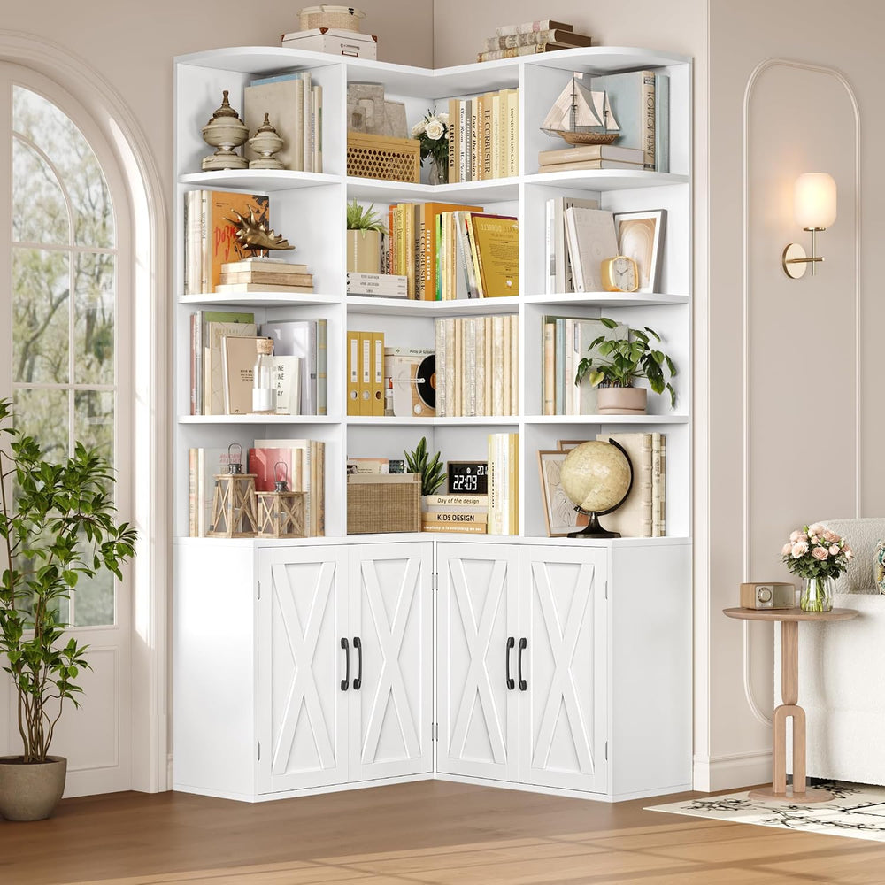 FINETONES 74" Tall Corner Bookshelf, White Bookshelf with Doors