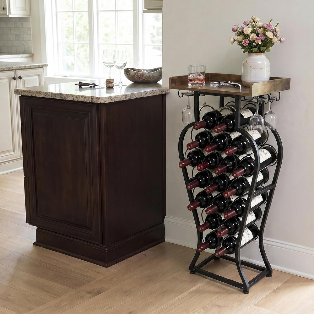 19 Bottles Freestanding Floor Wine Racks with Glass Holder | Wine Bottle Disp...