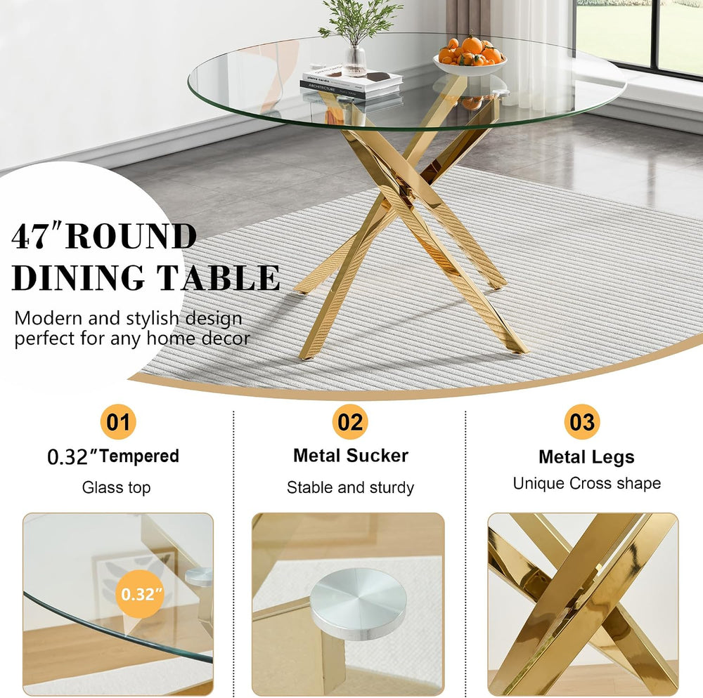 Round Glass Dining Room Table Set for 6, 7-Piece Dining Table Set with 47.2&q...
