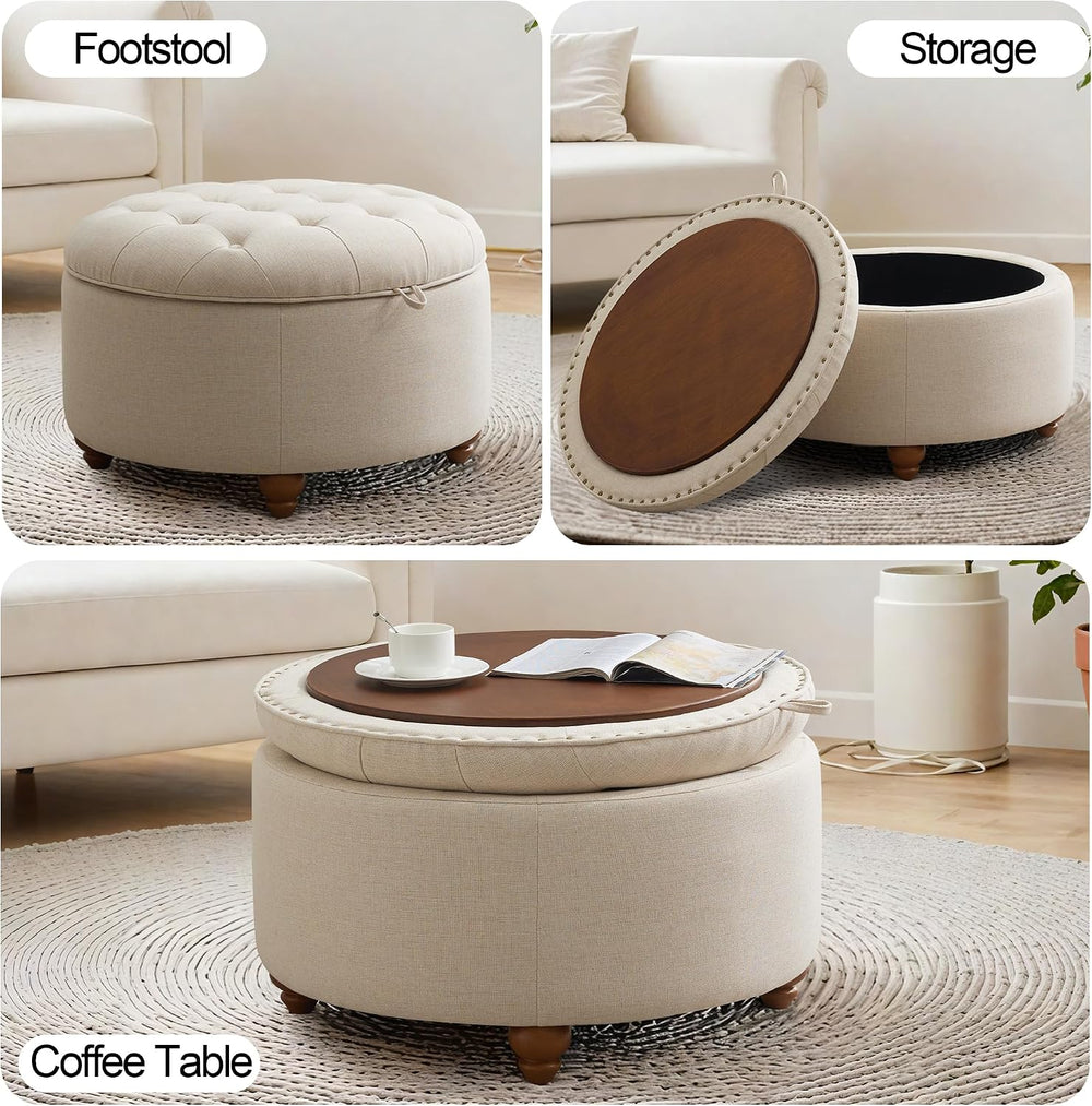 30'' Round Ottoman Coffee Table with Storage, Upholstered Tufted Otto...