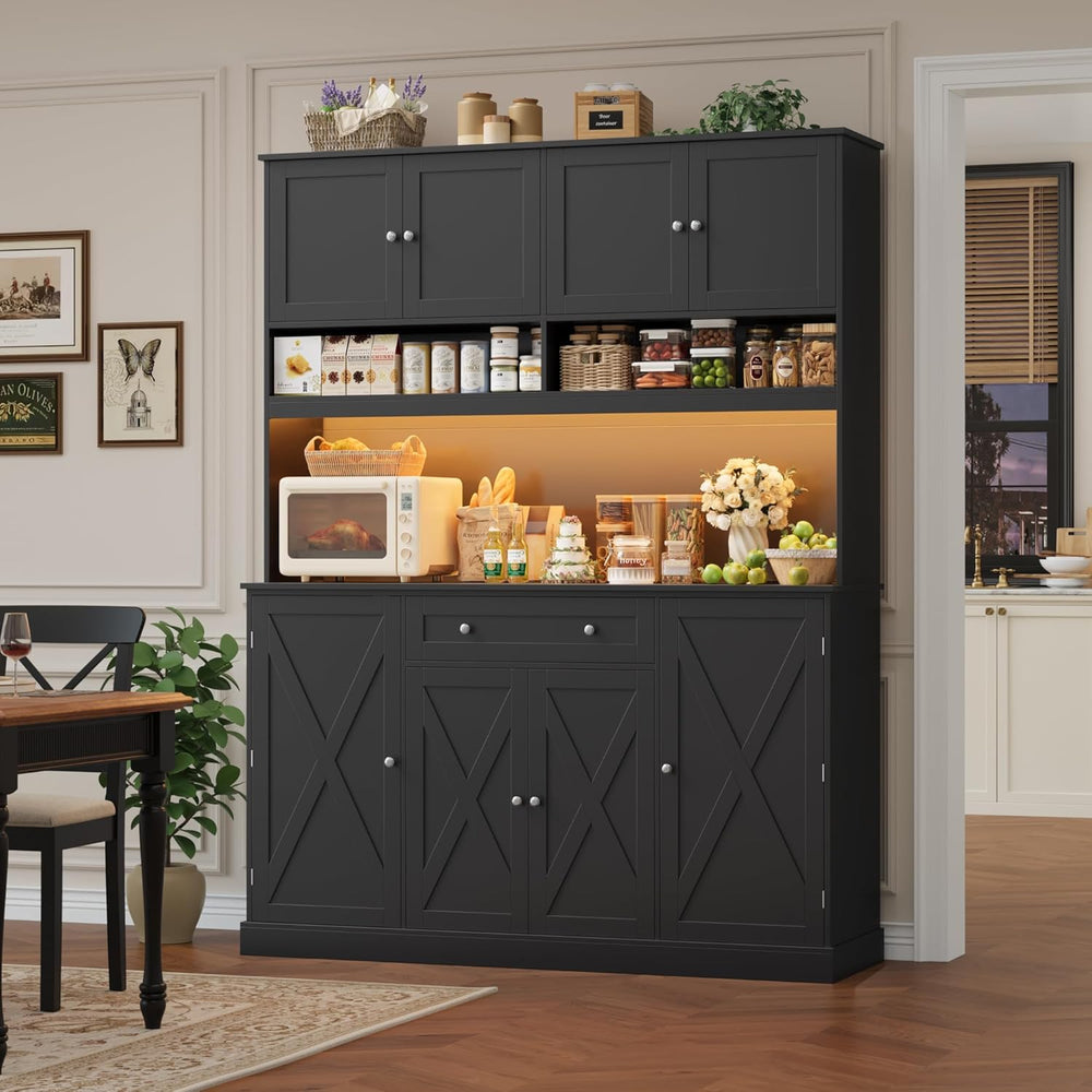 HIFIT 72.8” LED Kitchen Pantry Cabinet with Charging Station, 55” Wide Farmho...