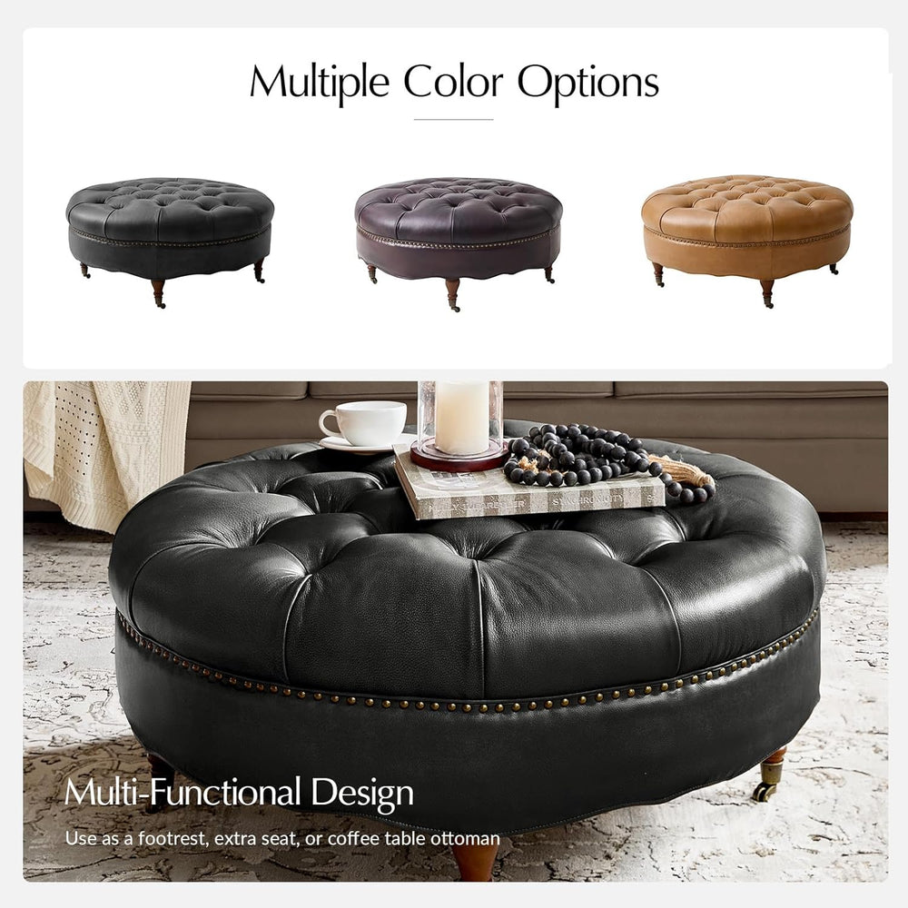 HULALA HOME 40" Genuine Leather Coffee Table, Large Round Button Tufted ...