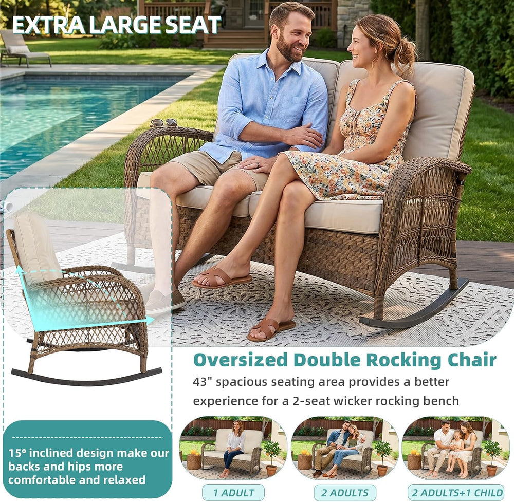 MEETWARM Outdoor Wicker Loveseat Rocking Chair, Loveseat for 2 Person Porch F...