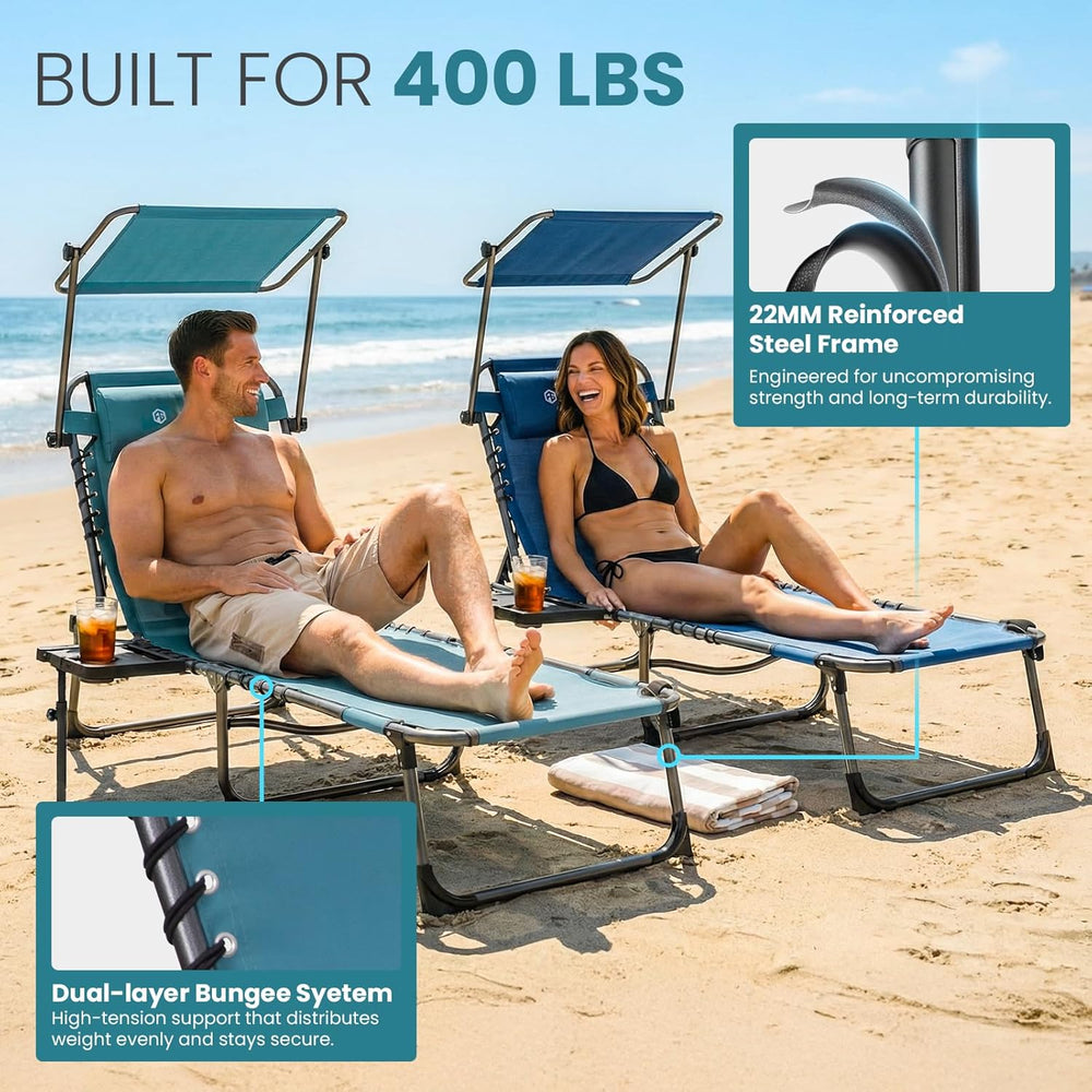FUNDANGO Heavy Duty Tanning Chair with Face Hole & Canopy, 400lbs Beach L...