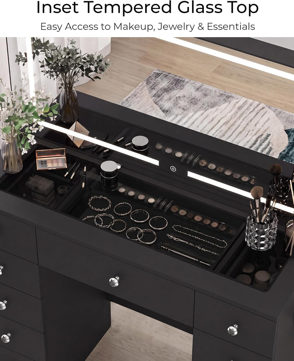 Otterease Black Makeup Vanity with Mirror and Lights,11 Drawers & Glass T...