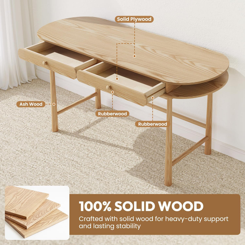 60in Solid Wood Desk - Oval-Shaped Double-Top Dressing Table, Ash