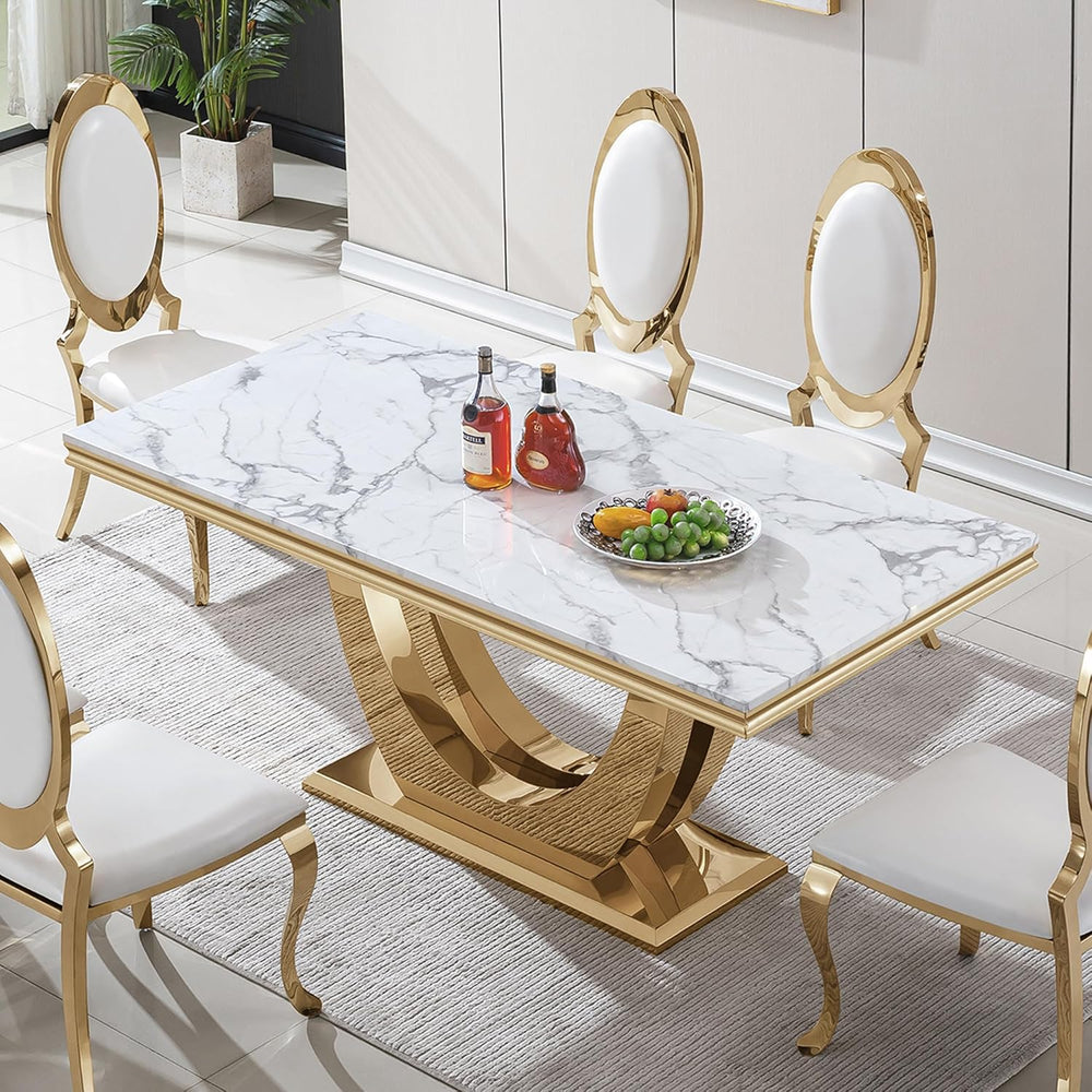 70" White Marble Dining Table, Luxury Kitchen Table for 6 8, Large Recta...