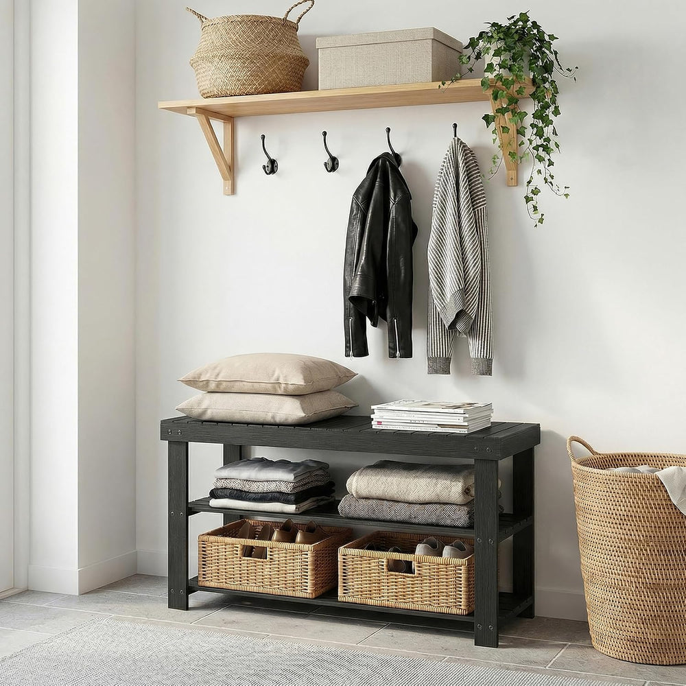Shoe Rack Bench, 3 Tier Shoe Storage Bench, 28 Inch Bamboo Shoe Organizer, En...