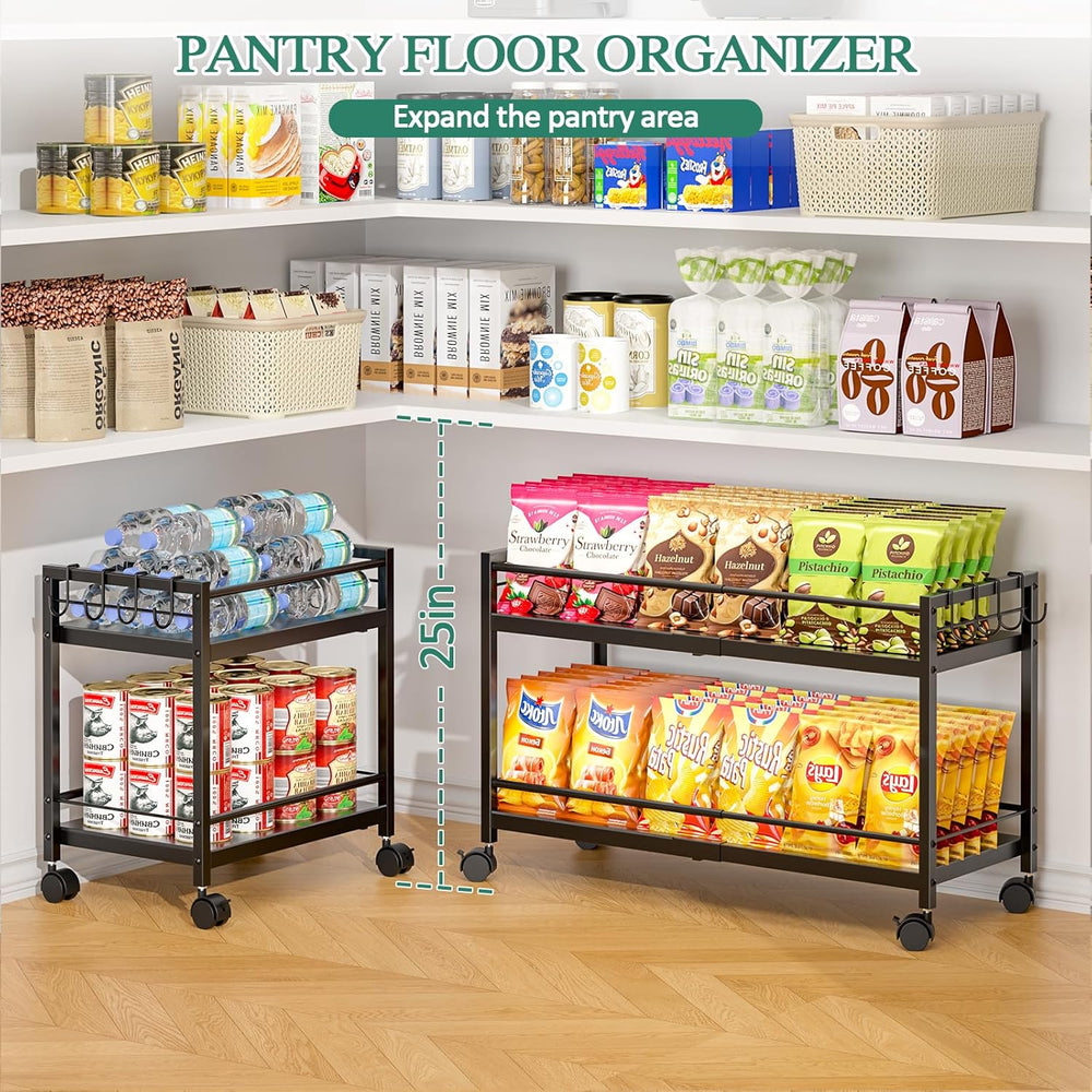 2-Tier Expandable Rolling Pantry Cart with Wheels, Adjustable Floor Organizer...
