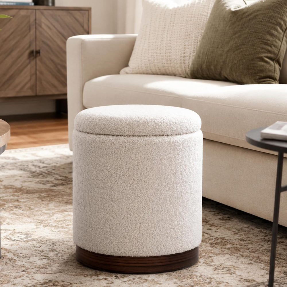 Joveco Round Storage Ottoman with Removable Lid, Boucle Small Upholstered Pad...